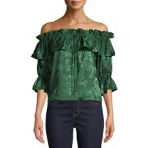 Love Sadie Emerald Green Off-the-Shoulder Cropped Silky Top Ruffled, Size Medium